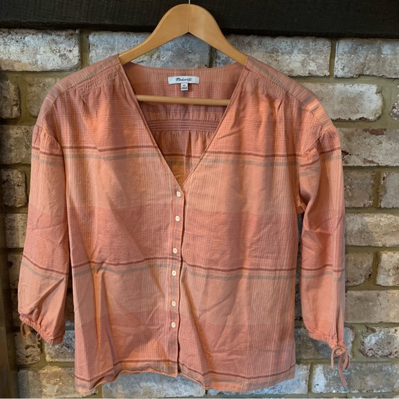 Madewell | Morning View Tie-Sleeve Shirt in Peach Plaid - Picture 4 of 12